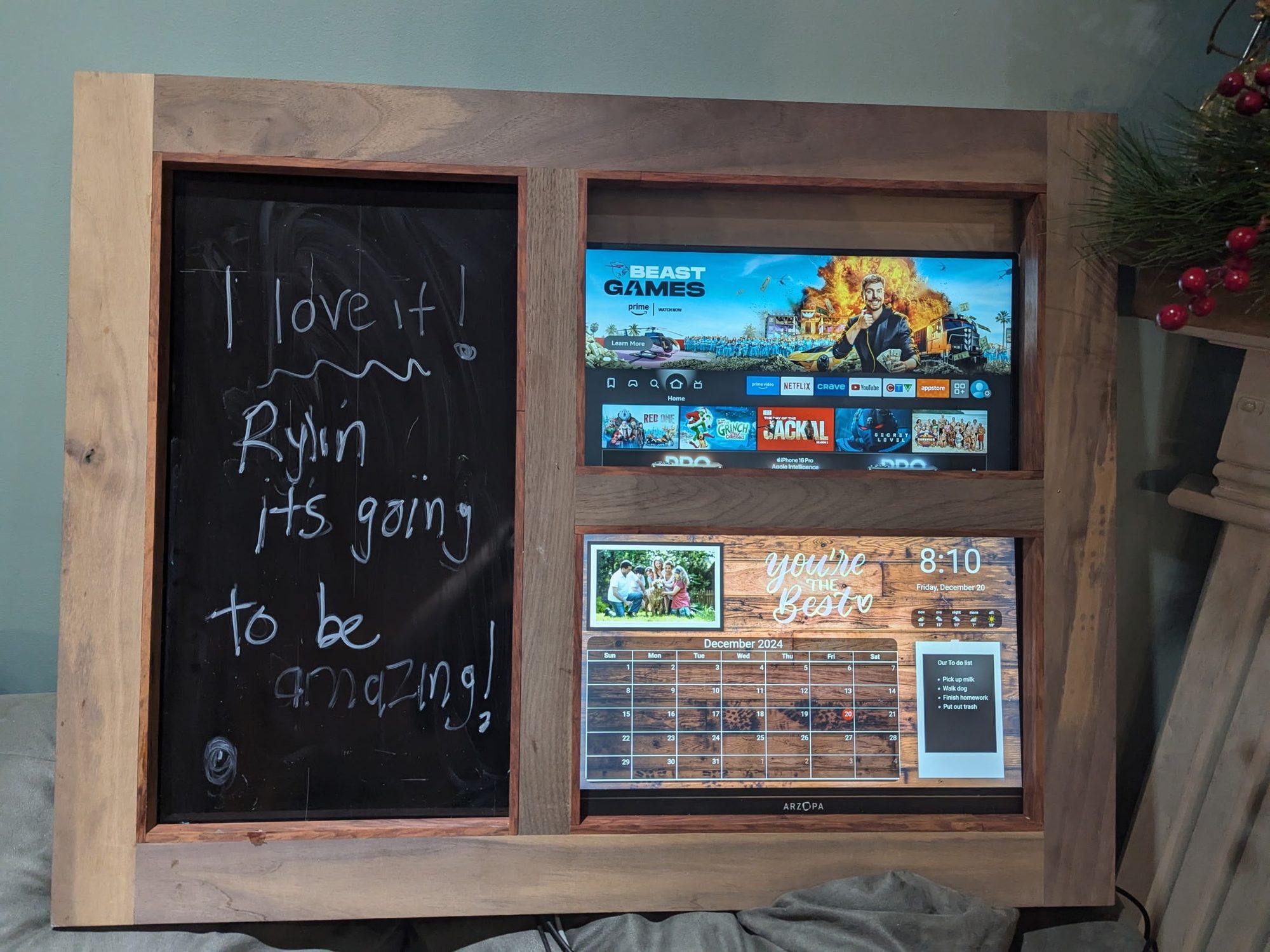 Walnut command centre with chalkboard and built-in screens